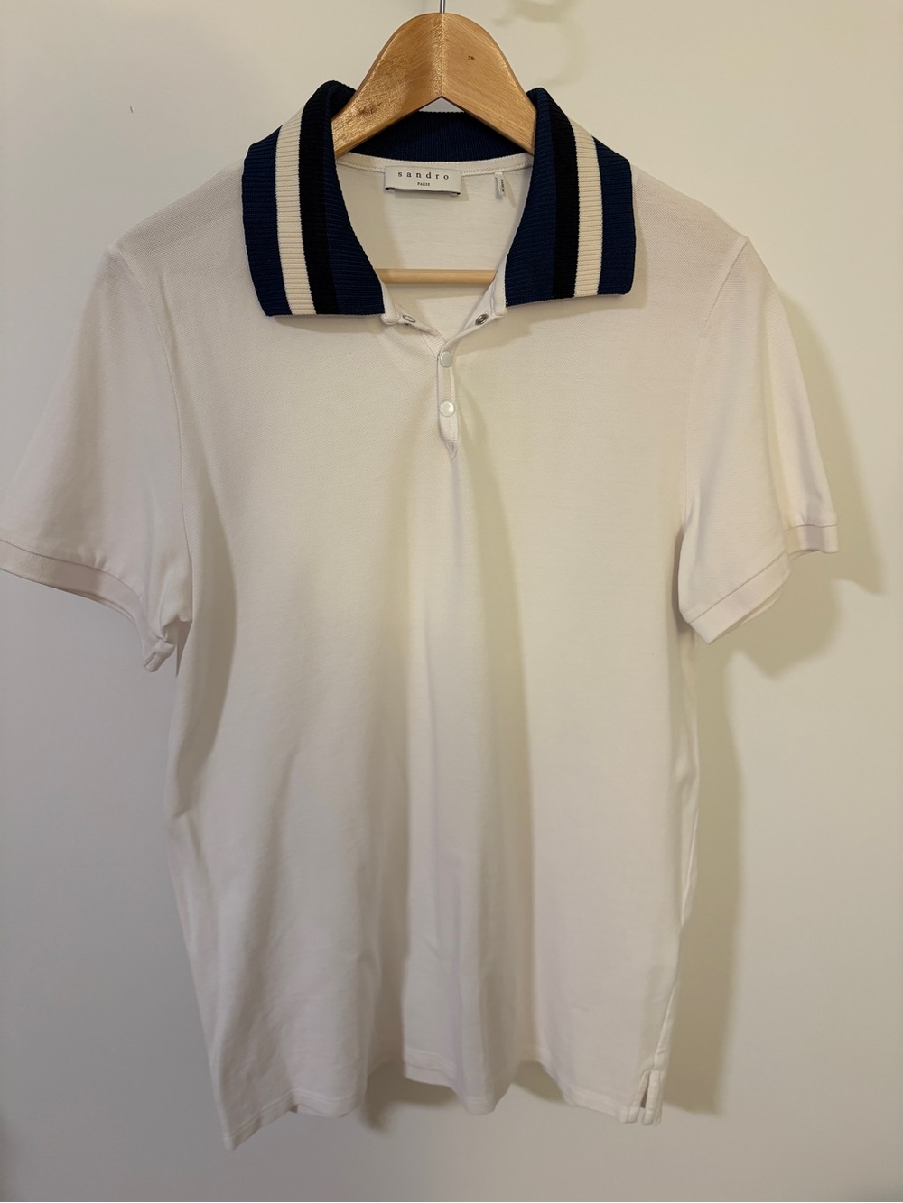 Sandro White Polo with Navy and Cream Striped Collar